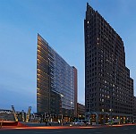 Berlin-Potsdamaplatz-dusk-Debis-Building-and-Kollhoff-Building