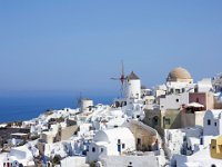 Santorini Oia town church and windmills Greece